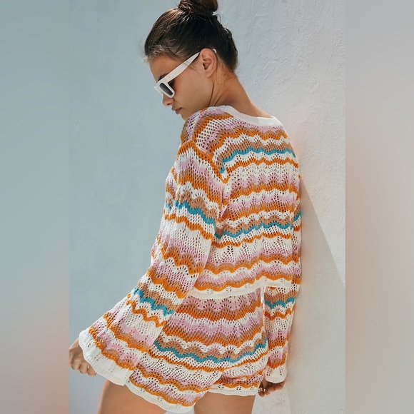 L*SPACE Sun Ray Crochet Crop Sweater in Daybreak Stripe - Size XL - Picture 2 of 4